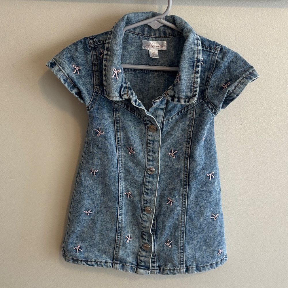 Nannette Blue Denim Top dress with pink bows size 2T